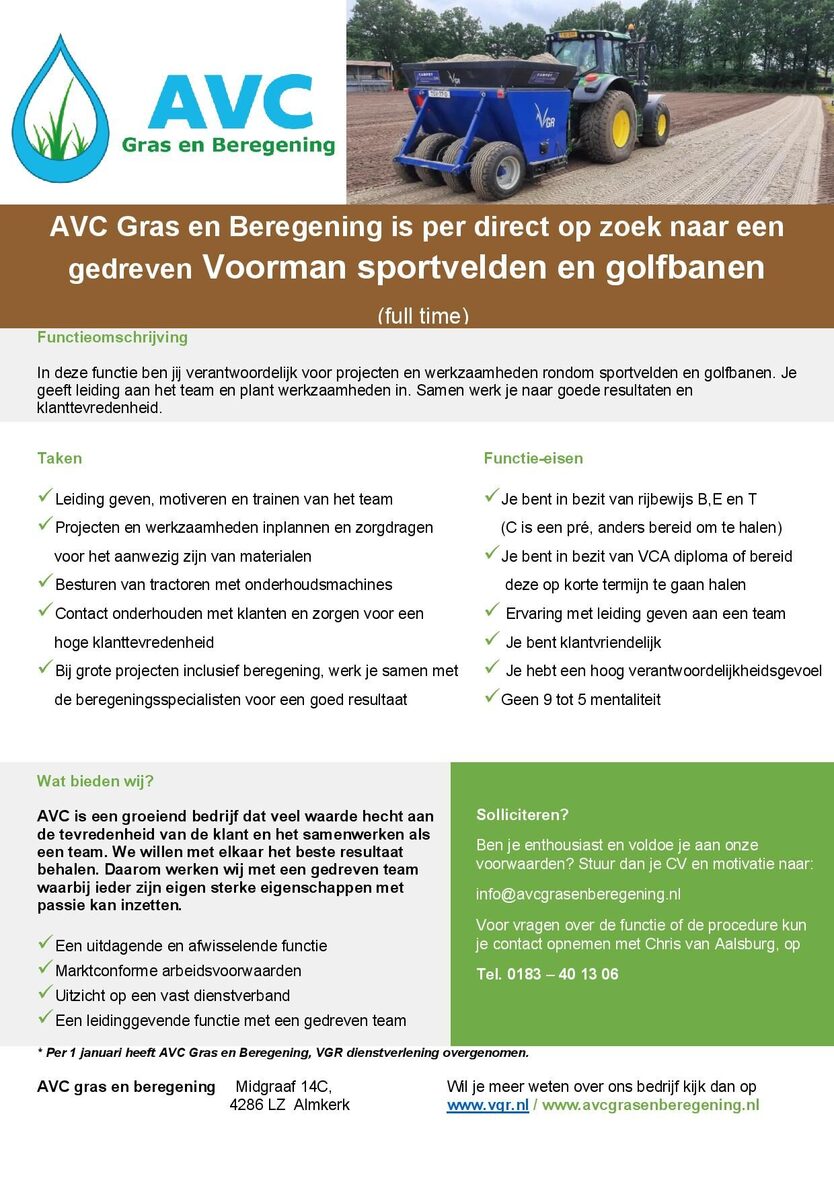 2025 AVC vacature Voorman sportvelden en golfbanen  complete tekst