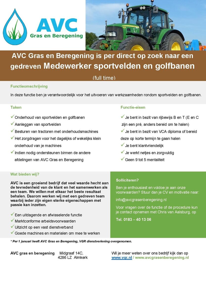 2025 AVC vacature Medewerker sportvelden en golfbanen complete tekst