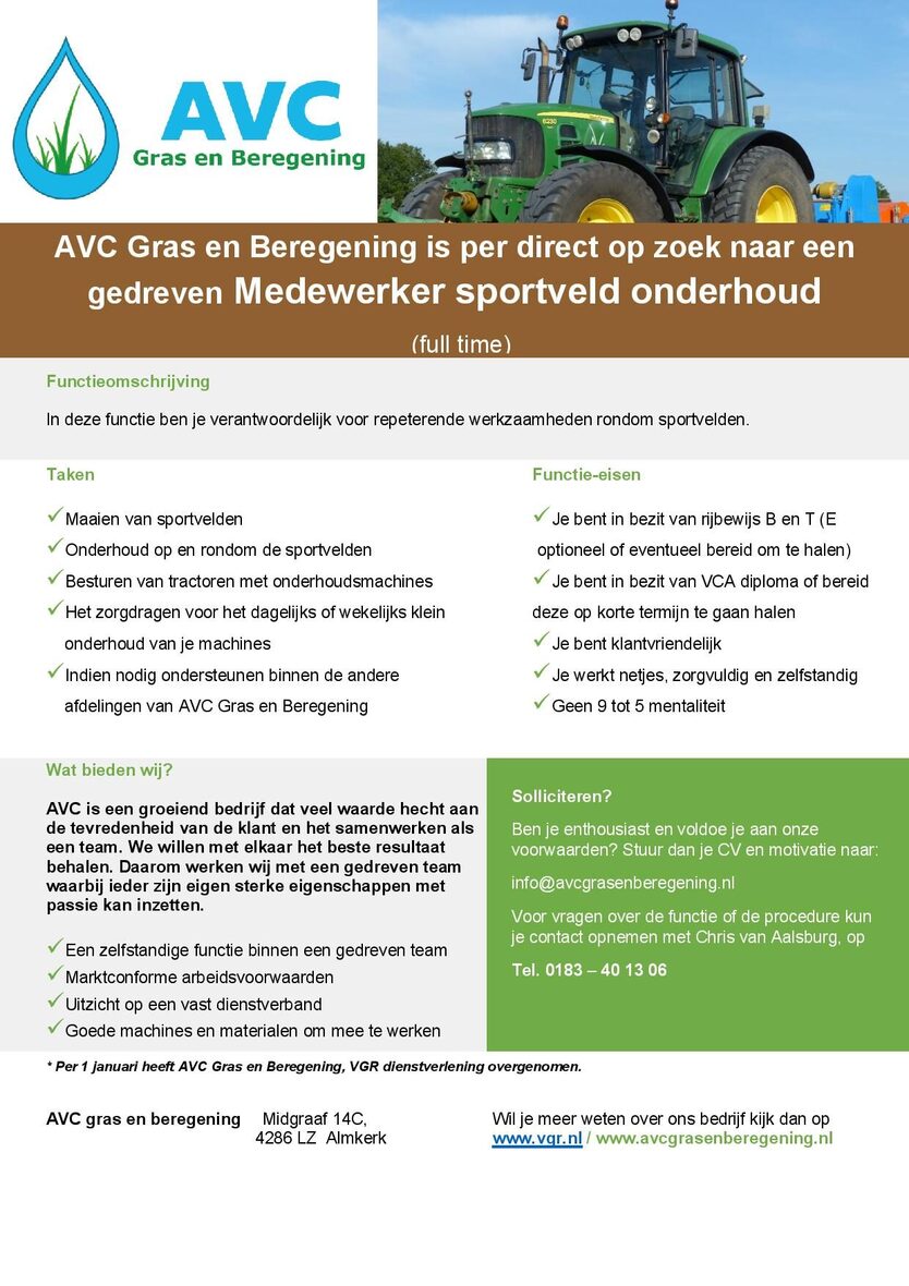 2025 AVC vacature Medewerker sportveld onderhoud  complete tekst
