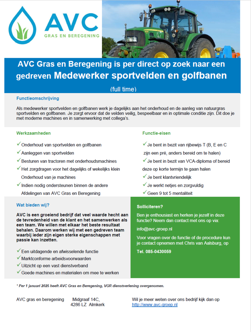AVC vacature Medewerker sportvelden en golfbanen 